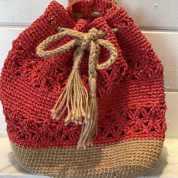 Boho Red and Natural Raffia Drawstring Backpack - Picture 3 of 7
